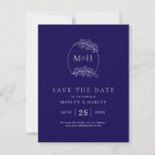 Elegante Boho Leaf Monogram Blauw en Wit Huwelijk Save The Date (Voorkant)