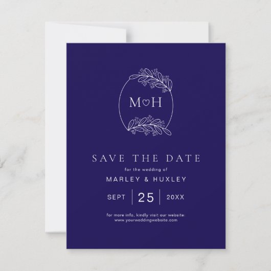 Elegante Boho Leaf Monogram Blauw en Wit Huwelijk Save The Date (Voorkant)