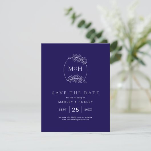 Elegante Boho Leaf Monogram Blauw en Wit Huwelijk Save The Date (Staand voorkant)