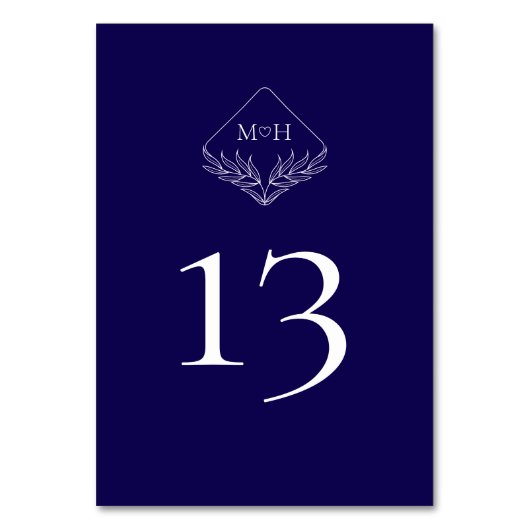 Elegante Boho Leaf Monogram Donkerblauw Huwelijk Kaart (Voorkant)