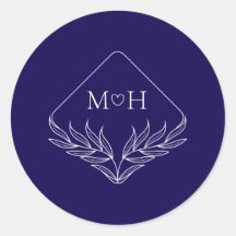 Elegante Boho Leaf Monogram Donkerblauw Huwelijk