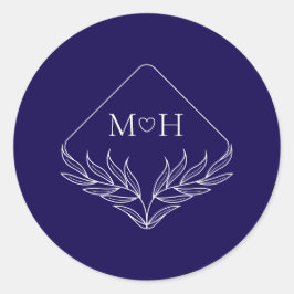 Elegante Boho Leaf Monogram Donkerblauw Huwelijk Ronde Sticker