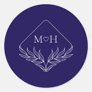Elegante Boho Leaf Monogram Donkerblauw Huwelijk Ronde Sticker