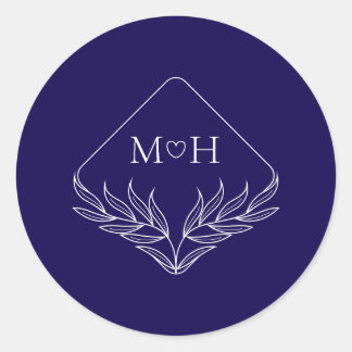 Elegante Boho Leaf Monogram Donkerblauw Huwelijk Ronde Sticker
