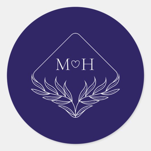Elegante Boho Leaf Monogram Donkerblauw Huwelijk Ronde Sticker (Voorkant)