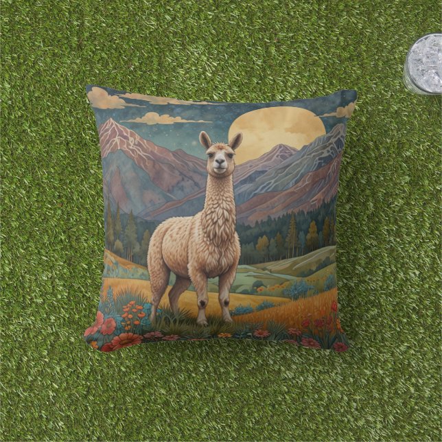 Elegante boho llama alpaca  landschap buitenkussen (Gras)