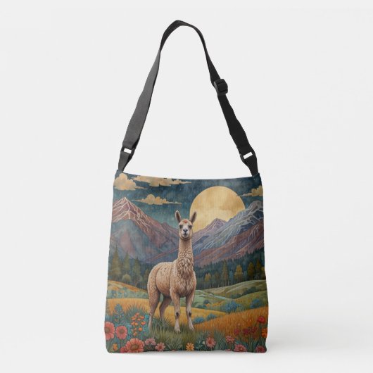 Elegante boho llama alpaca landschap crossbody tas (Achterkant)