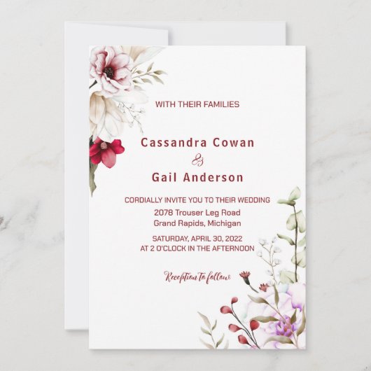 Elegante Boho Maroon Bloem Bruiloft Uitnodiging (Voorkant)