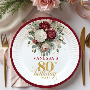 Elegante Boho Marsala Bloemen 80e Verjaardag Papie Papieren Bordje