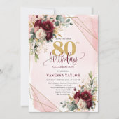 Elegante Boho Marsala Gouden Bloemen 80ste Verjaar Kaart (Voorkant)