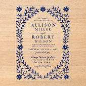 Elegante Boho Navy bloemenbruiloft Acryl Uitnodigingen (Voorkant)