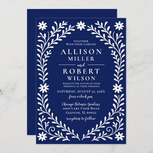 Elegante Boho Navy bloemenbruiloft Kaart (Voorkant / Achterkant)