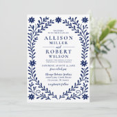 Elegante Boho Navy bloemenbruiloft Kaart (Staand voorkant)