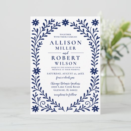 Elegante Boho Navy bloemenbruiloft Kaart (Staand voorkant)