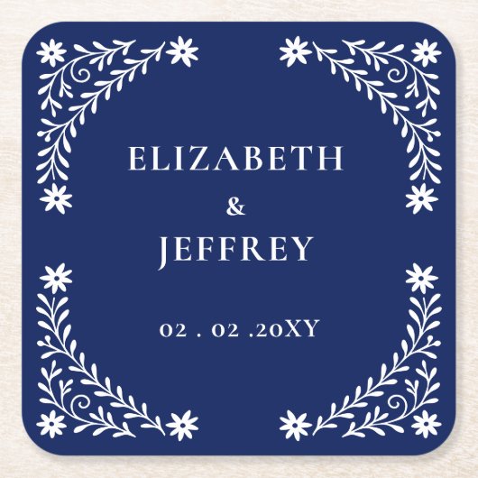 Elegante Boho Navy bloemenbruiloft Kartonnen Onderzetters (Voorkant)