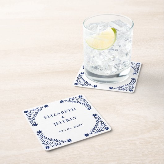 Elegante Boho Navy bloemenbruiloft Kartonnen Onderzetters (Insitu)