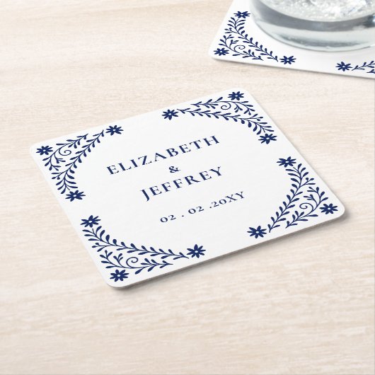 Elegante Boho Navy bloemenbruiloft Kartonnen Onderzetters (Schuin)