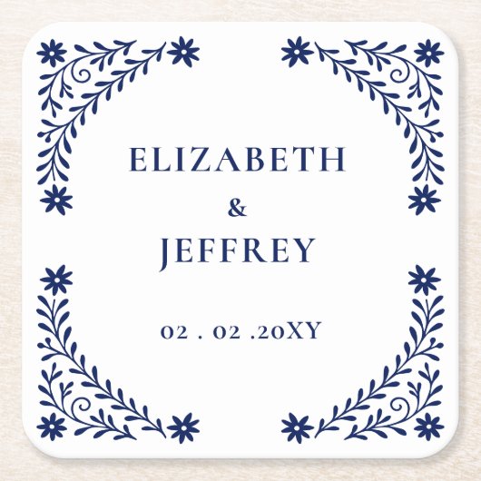 Elegante Boho Navy bloemenbruiloft Kartonnen Onderzetters (Voorkant)