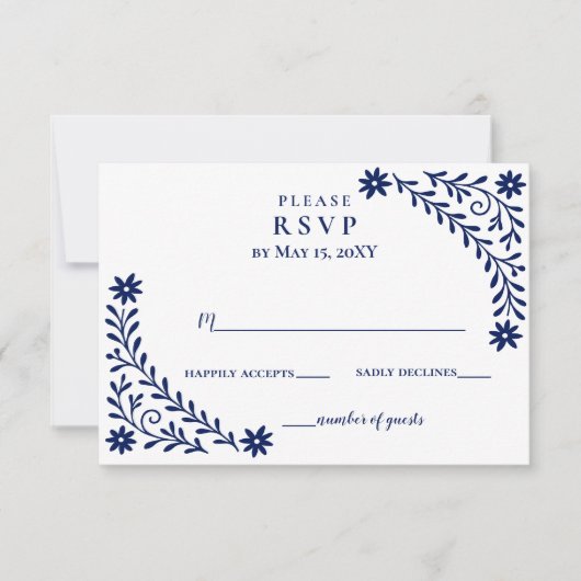 Elegante Boho Navy bloemenbruiloft RSVP Kaartje (Voorkant)