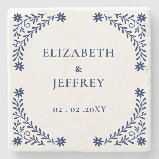 Elegante Boho Navy bloemenbruiloft Stenen Onderzetter (Voorkant)