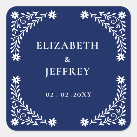 Elegante Boho Navy bloemenbruiloft Vierkante Sticker (Voorkant)