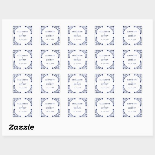 Elegante Boho Navy Bloemige Bruiloft Vierkante Sticker (Vel)