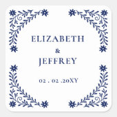 Elegante Boho Navy Bloemige Bruiloft Vierkante Sticker (Voorkant)