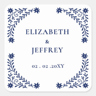 Elegante Boho Navy Bloemige Bruiloft  Vierkante Sticker