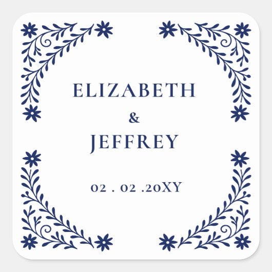Elegante Boho Navy Bloemige Bruiloft  Vierkante Sticker (Voorkant)