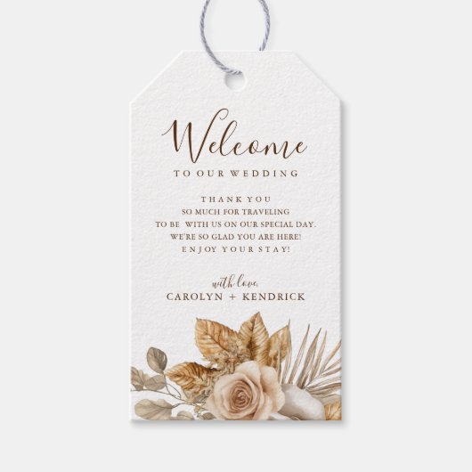 Elegante Boho Neutral Floral Accent Wedding Welkom Cadeaulabel (Voorkant)