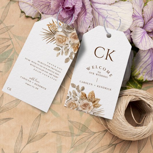Elegante Boho Neutral Floral Accent Wedding Welkom Cadeaulabel