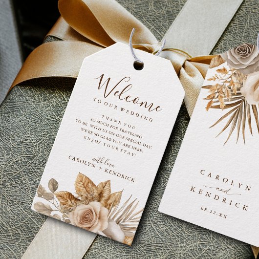Elegante Boho Neutral Floral Accent Wedding Welkom Cadeaulabel