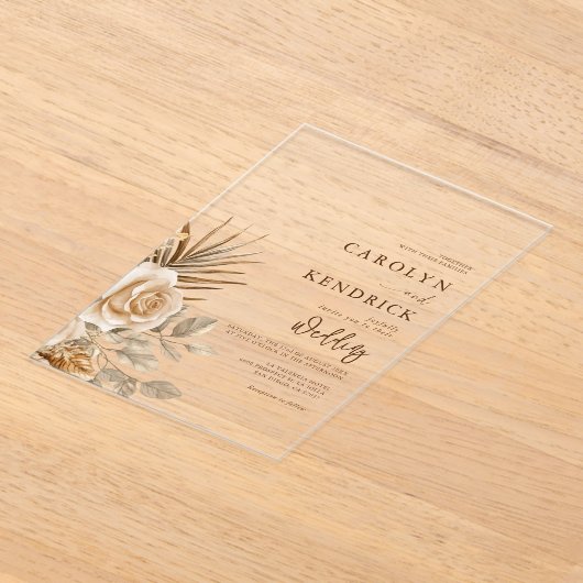 Elegante Boho Neutral Floral accenten bruiloft Acryl Uitnodigingen (Laagn)