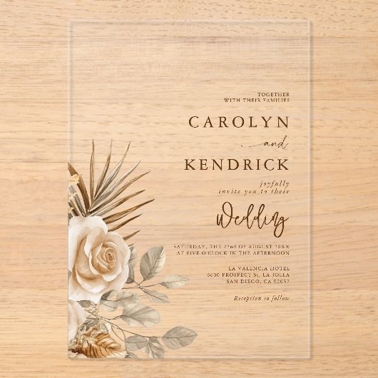 Elegante Boho Neutral Floral accenten bruiloft Acryl Uitnodigingen (Voorkant)
