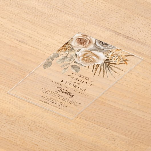 Elegante Boho Neutral Floral accenten bruiloft Acryl Uitnodigingen (Laagn)