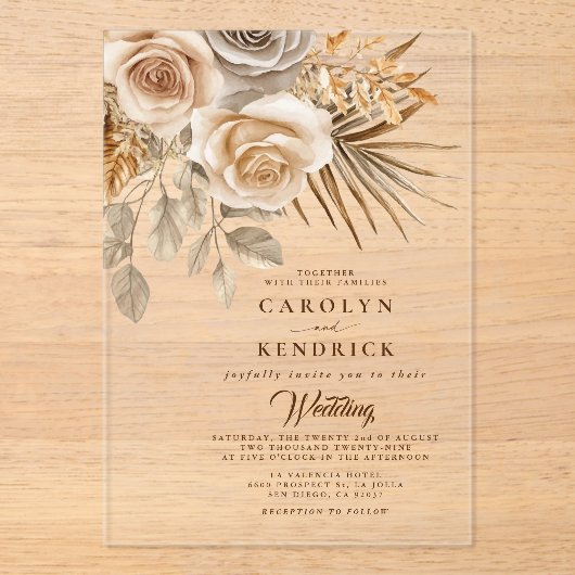 Elegante Boho Neutral Floral accenten bruiloft Acryl Uitnodigingen (Voorkant)