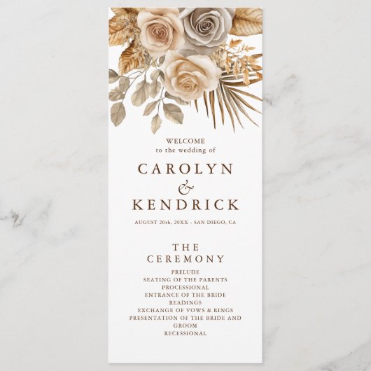 Elegante Boho Neutral Floral accenten bruiloft Programmakaart (Voorkant)