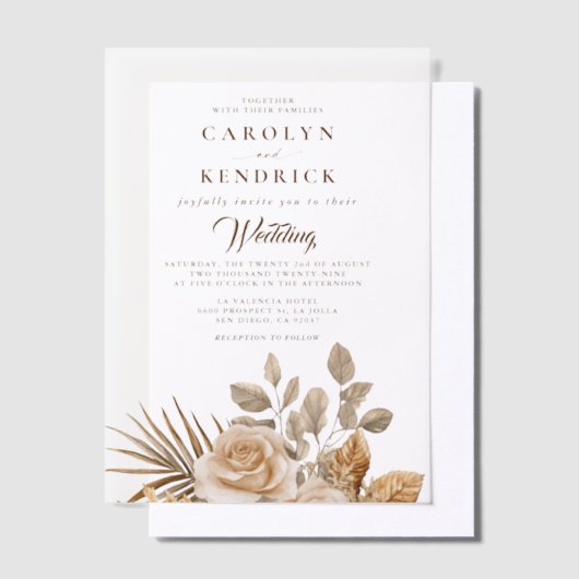 Elegante Boho Neutral Floral accenten bruiloft Vellum Uitnodigingen (Offset)