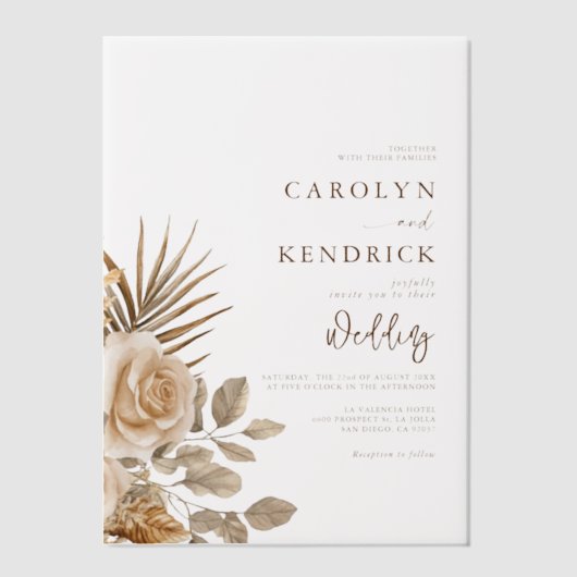 Elegante Boho Neutral Floral accenten bruiloft Vellum Uitnodigingen (Voorkant)