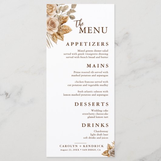 Elegante Boho Neutral Floral Accents Trouwmenu's Menu (Voorkant)