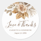 Elegante Boho Neutral Floral Liefde & Bedankt brui Ronde Sticker (Voorkant)