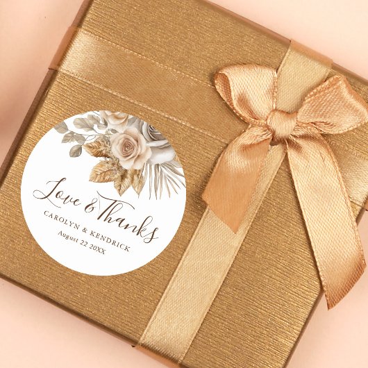 Elegante Boho Neutral Floral Liefde & Bedankt brui Ronde Sticker