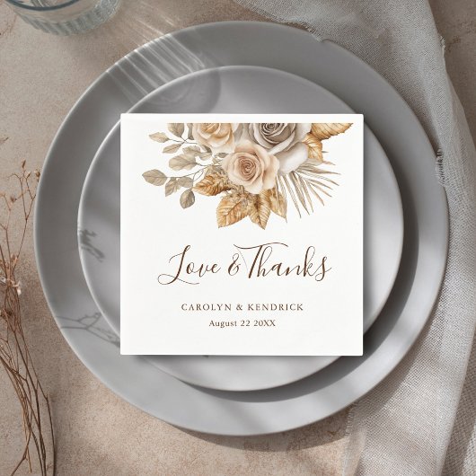 Elegante Boho Neutral Floral Liefde & Bedankt brui Servet
