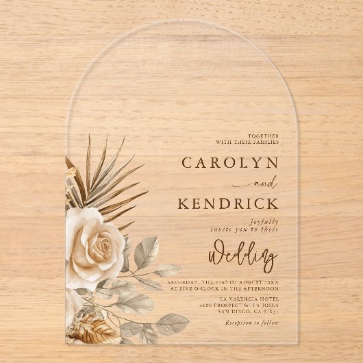 Elegante Boho Neutrale Bloemaccenten Boog Huwelijk Acryl Uitnodigingen (Voorkant)
