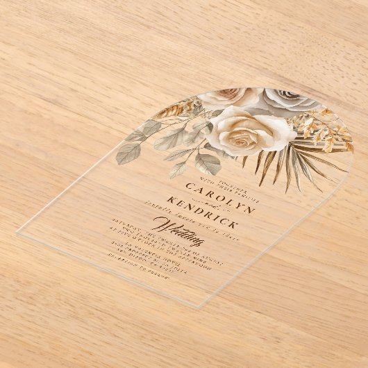 Elegante Boho Neutrale Bloemaccenten Boog Huwelijk Acryl Uitnodigingen (Laagn)
