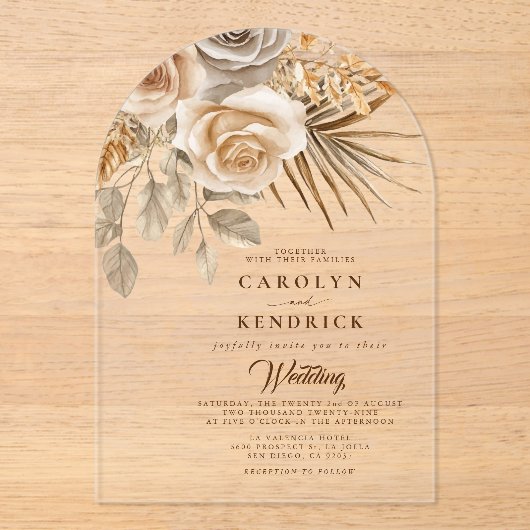 Elegante Boho Neutrale Bloemaccenten Boog Huwelijk Acryl Uitnodigingen (Voorkant)