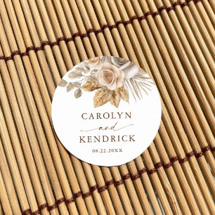 Elegante Boho Neutrale Bloemen Accenten Huwelijksg Ronde Sticker