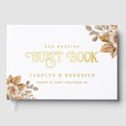 Elegante Boho Neutrale Bloemen Accenten Trouwgoud Gastenboek (Voorkant)
