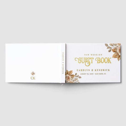 Elegante Boho Neutrale Bloemen Accenten Trouwgoud Gastenboek (Volledig)
