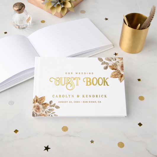 Elegante Boho Neutrale Bloemen Accenten Trouwgoud Gastenboek (Voorkant open)